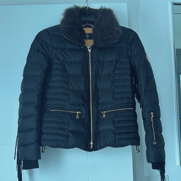 Bogner black ski jacket with lamb fur removable collar and suede fringe XS $2200 - Picture 3 of 16